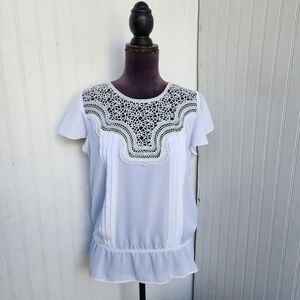 7th Avenue Design Studio Blouse Womens White Lace Embellished Tank Top Ruffle S